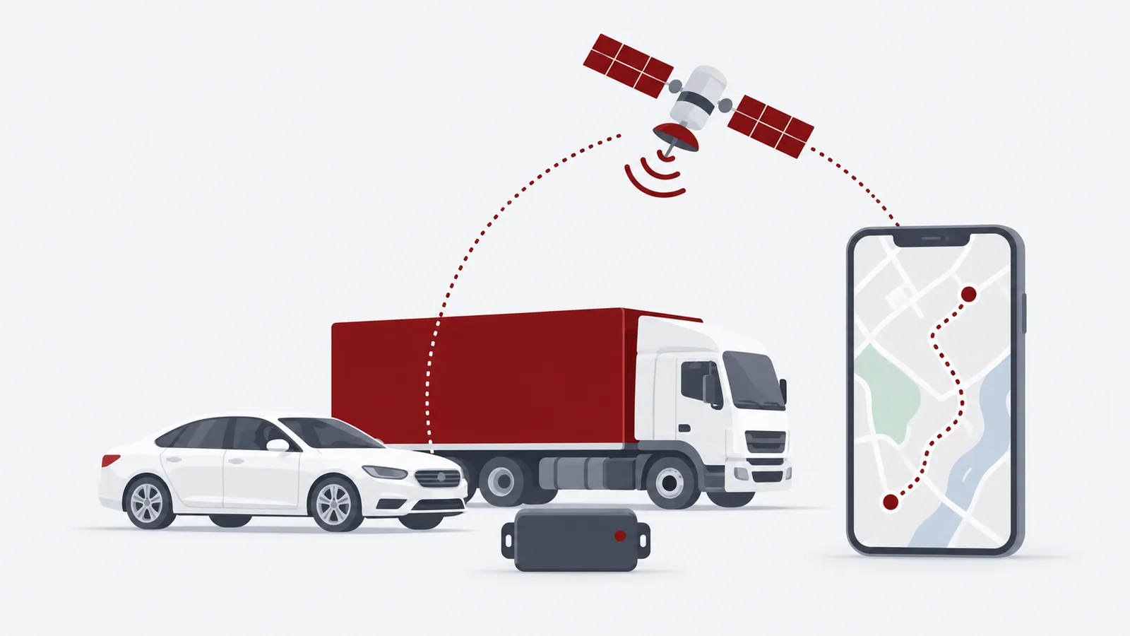 GPS-трекер, автомобиль и карта с маршрутом на экране телефона