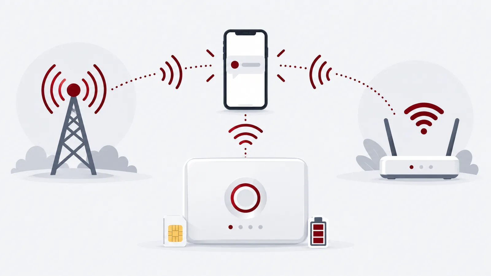 Сигнализационная панель с SIM-картой, вышка сотовой связи, роутер и смартфон с уведомлением