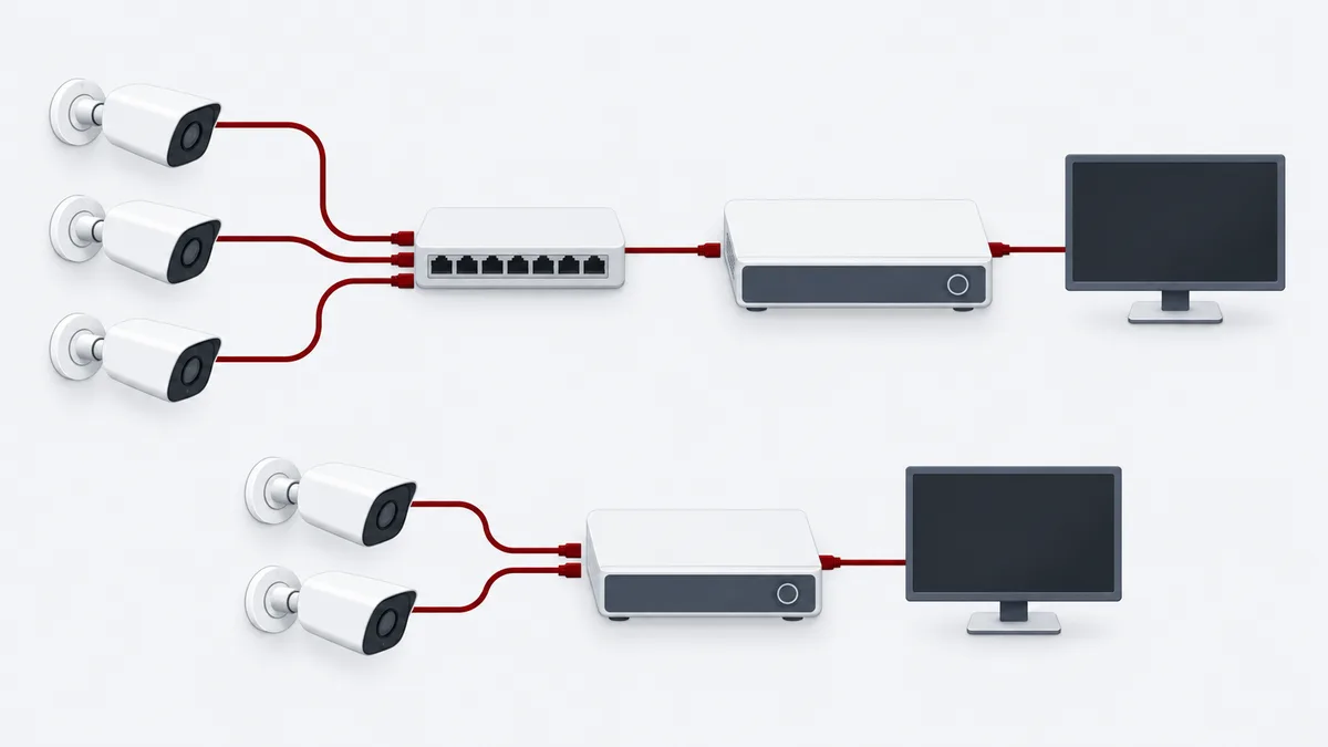 Схема: три IP-камеры подключены сетевыми кабелями к PoE-коммутатору, коммутатор подключён к регистратору