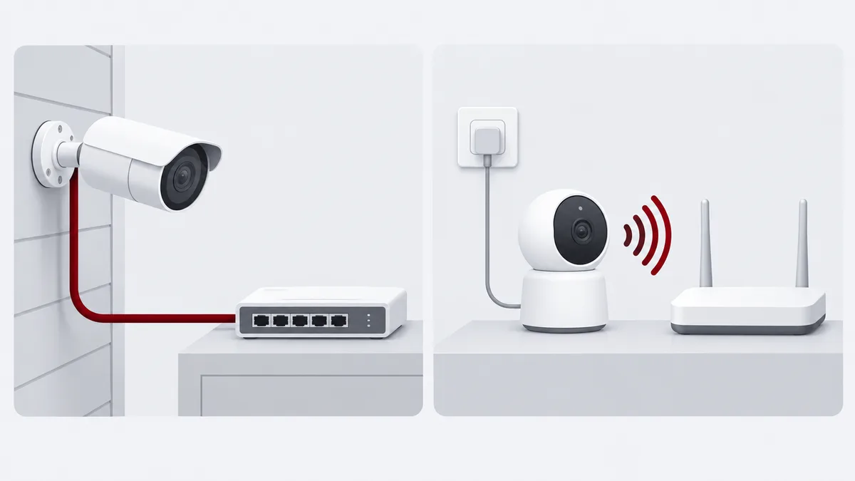 Схема: камера с PoE подключена одним кабелем к коммутатору, Wi-Fi камера связана с роутером по воздуху и питается от розетки