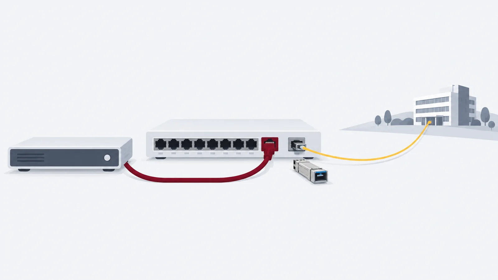 Network switch with uplink port, SFP slot and optical cable
