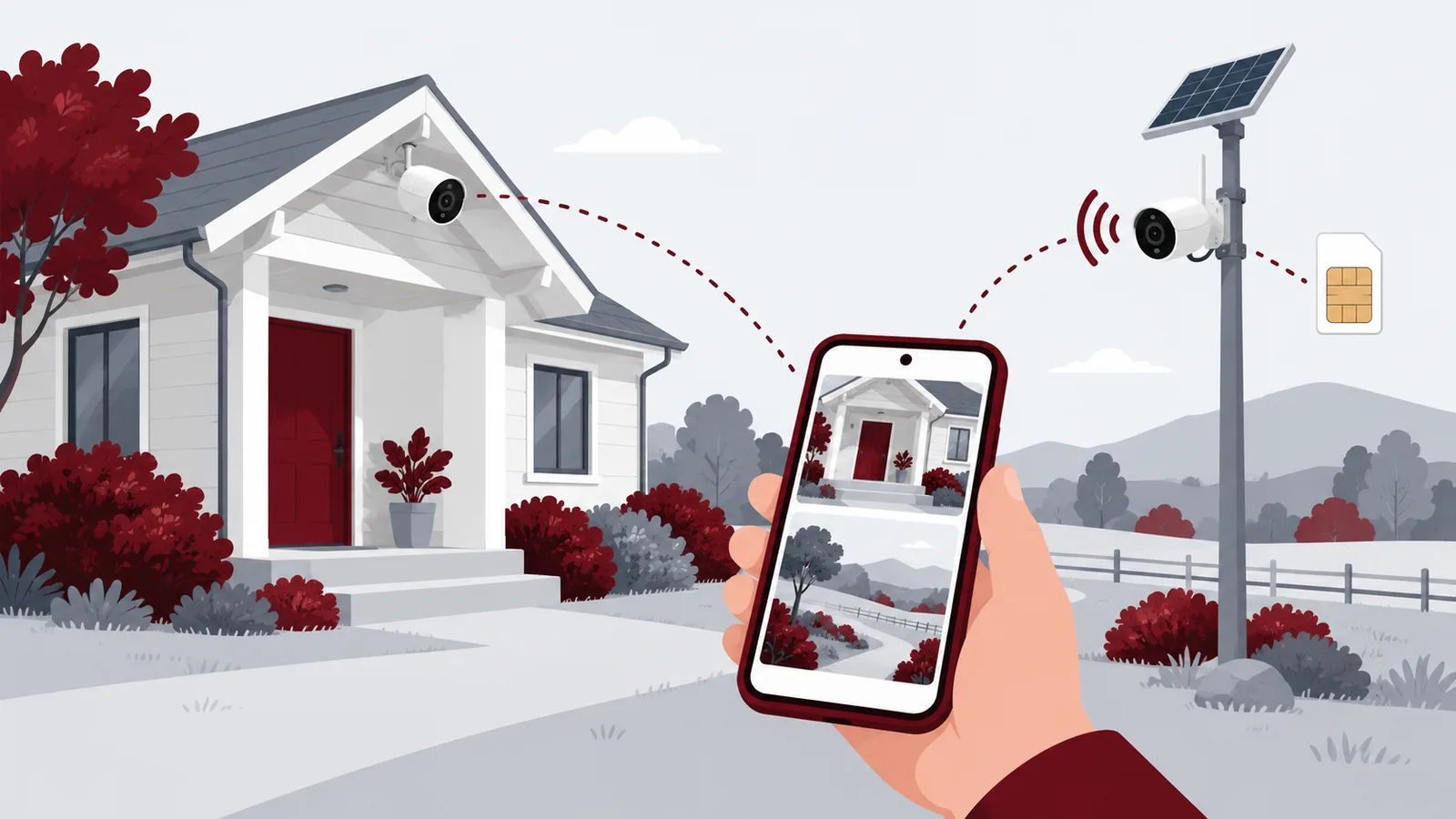 Wi-Fi камера у дома и телефон с изображением с камеры